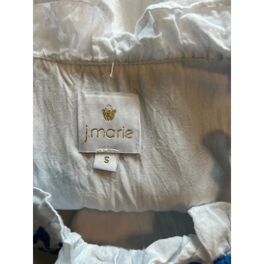 j. marie | White/Blue Embroidered Floral Ruffle Sleeve Peasant Top | SM - Picture 10 of 10